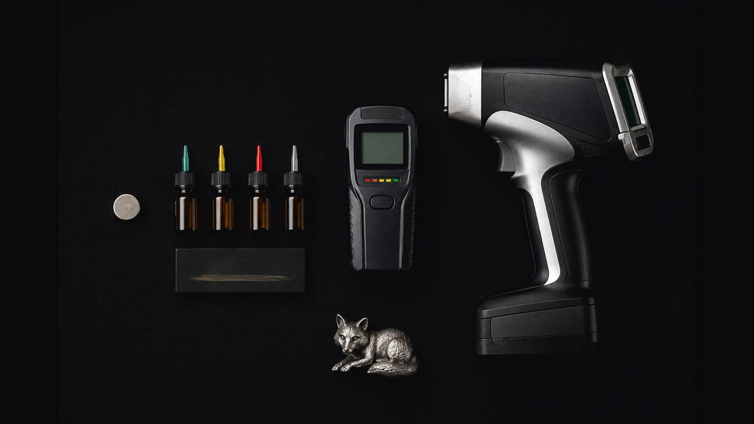 Silver testing tools arranged from simplest to most advanced — a magnet, coloured acid bottles with a touchstone, a handheld electronic verifier and a professional XRF analyser, with a sterling silver fox figurine