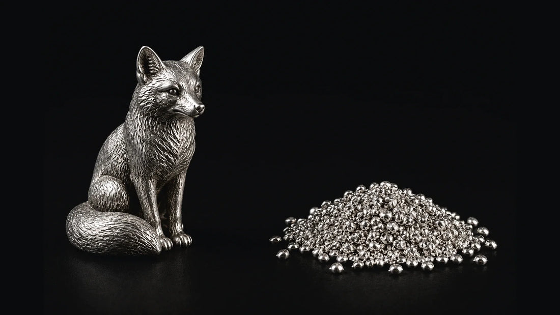 An intact sterling silver fox figurine beside a pile of loose silver casting grain, showing the same metal as an object and as melt