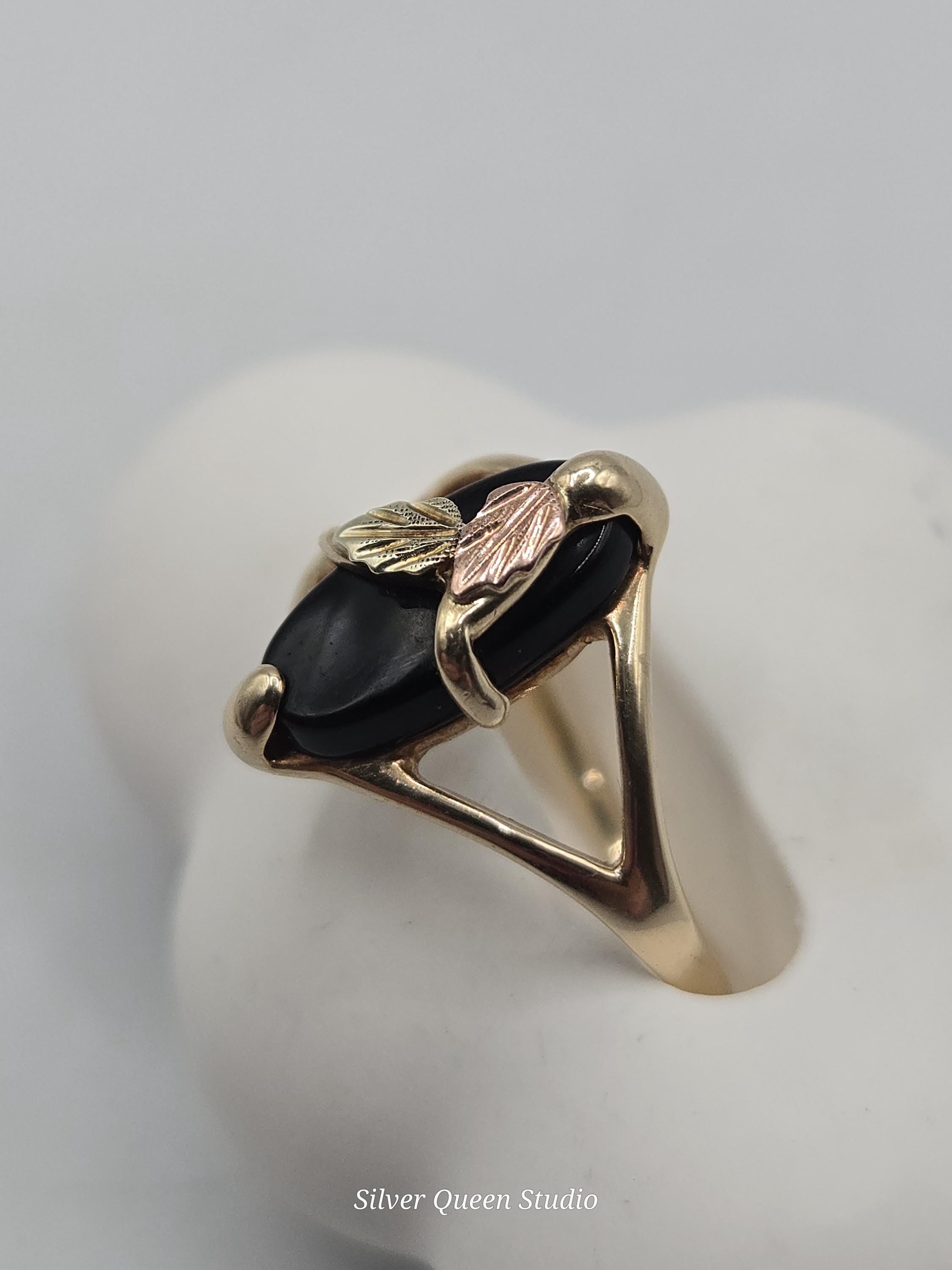 10K Solid Gold Black Hills Gold Ring, Tricolor Leaf Accent, Size 6.5