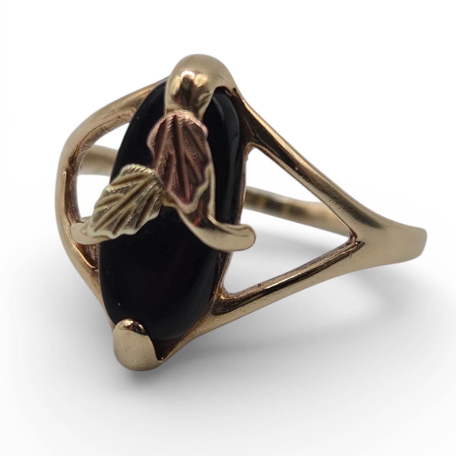 10K Solid Gold Black Hills Gold Ring, Tricolor Leaf Accent, Size 6.5
