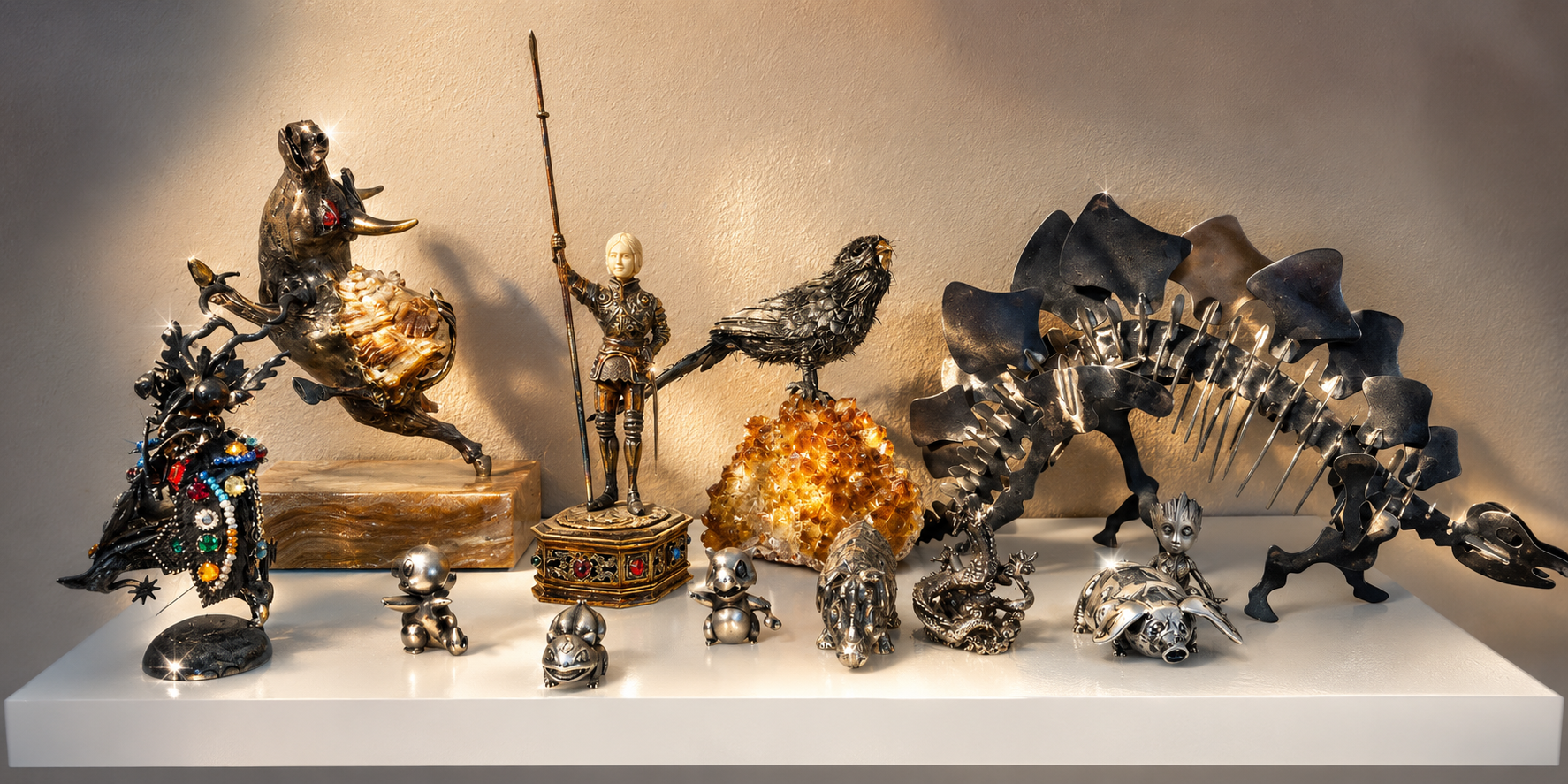 Collection of estate sterling silver figurines including a charging bull, an armored knight with spear, a silver parrot on citrine, and a large articulated dragon skeleton
