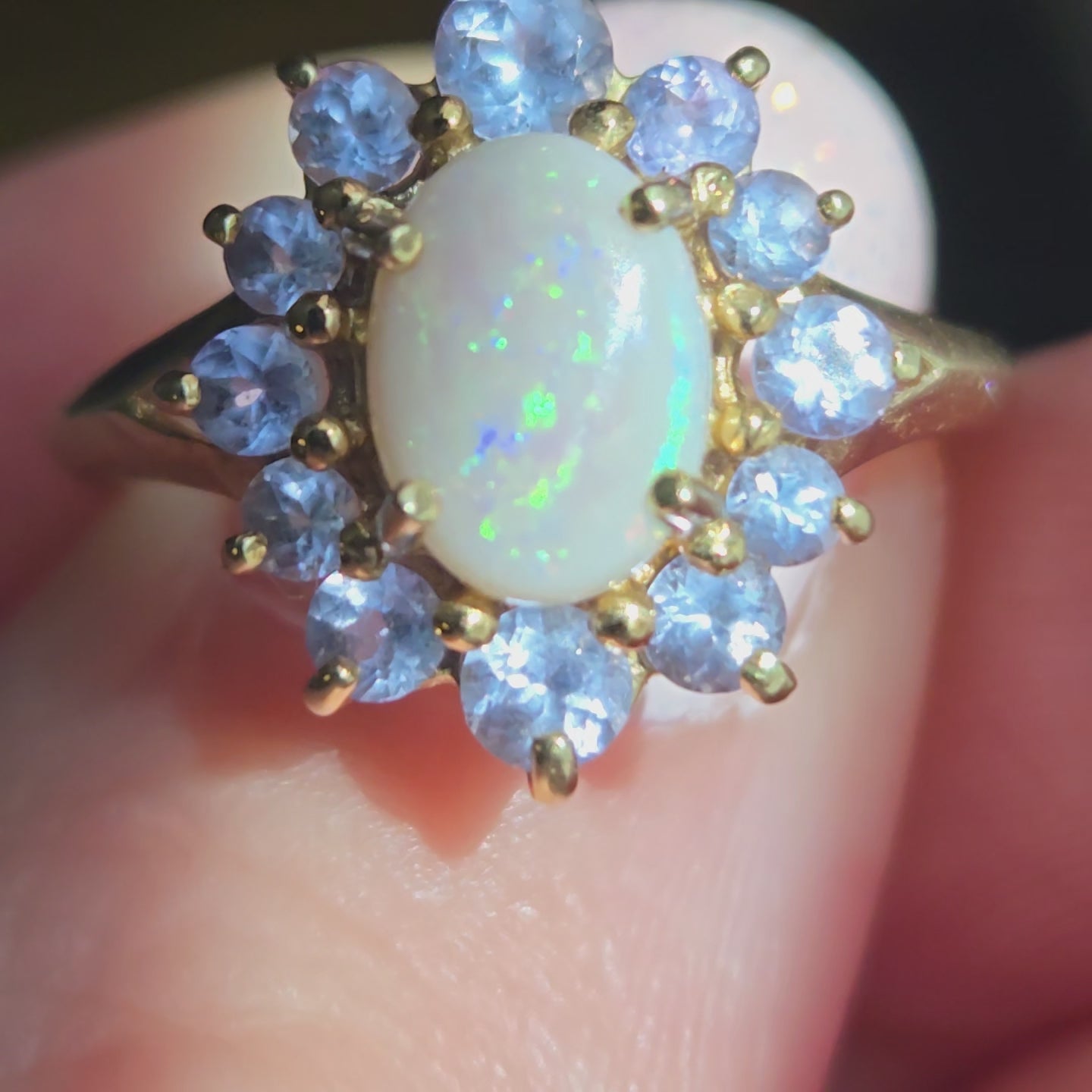 14k Solid Gold Opal and Tanzanite Halo Ring, Vintage Floral Cluster Ring, Size 6, Rare Estate Fine Jewelry