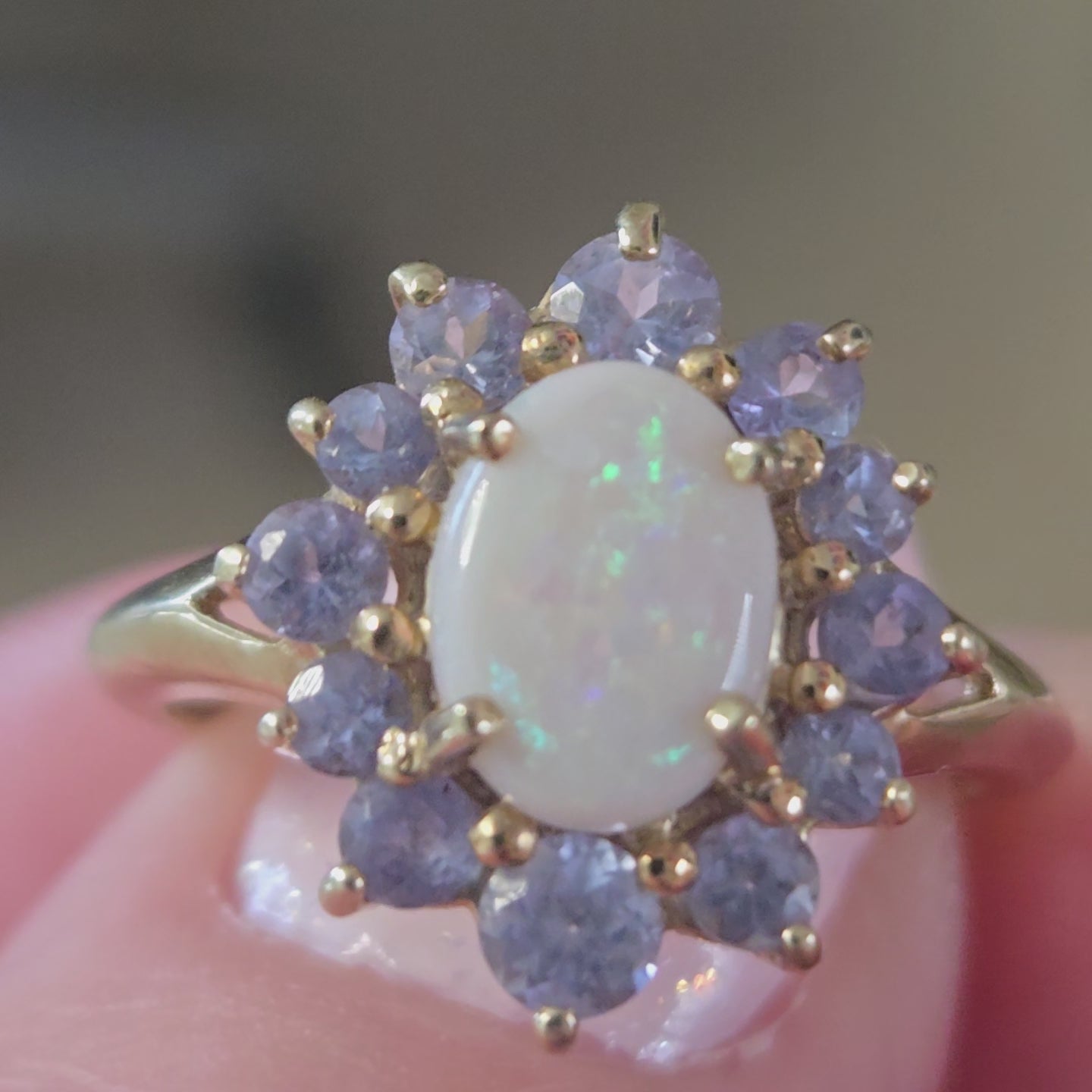 14k Solid Gold Opal and Tanzanite Halo Ring, Vintage Floral Cluster Ring, Size 6, Rare Estate Fine Jewelry