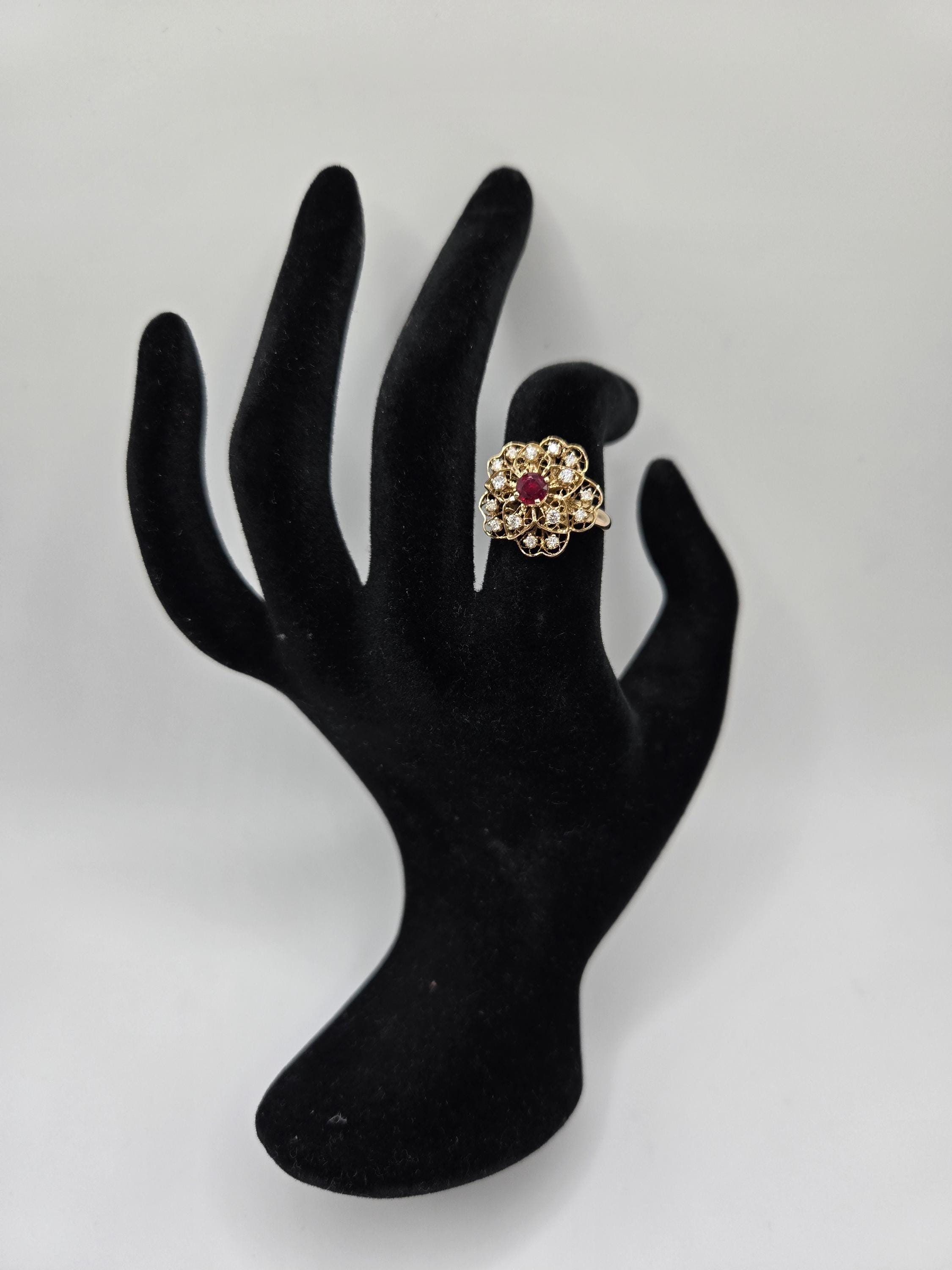 Silver Queen Studio
18K Gold Filigree Flower Ring with Ruby & Diamonds, Size 6.5
