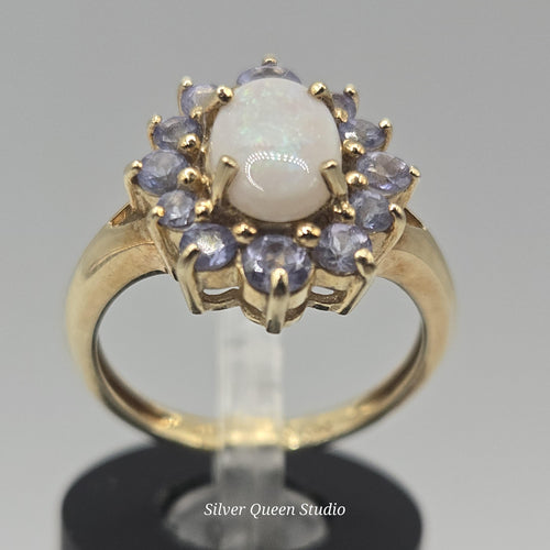 14k Solid Gold Opal and Tanzanite Halo Ring, Vintage Floral Cluster Ring, Size 6, Rare Estate Fine Jewelry