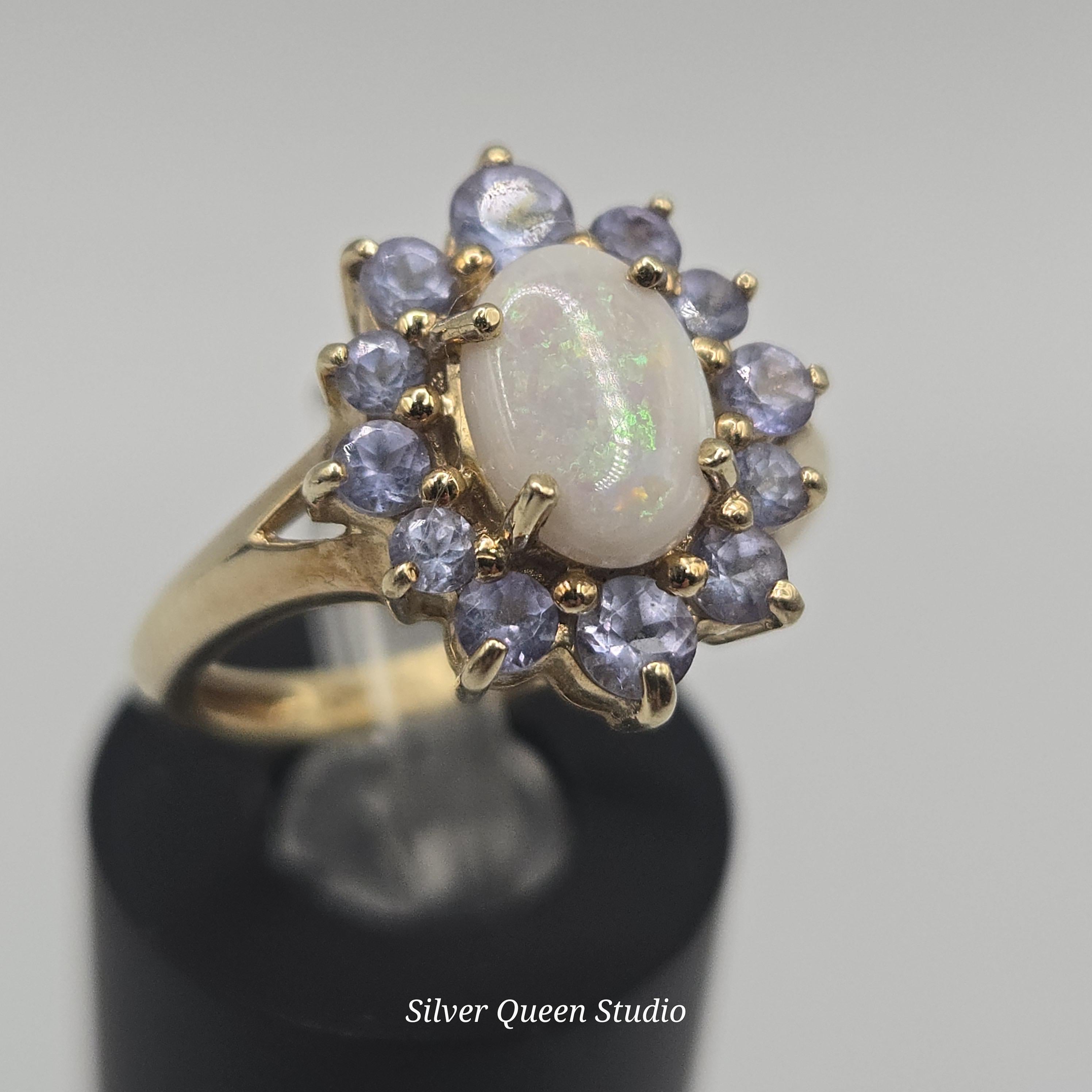 14k Solid Gold Opal and Tanzanite Halo Ring, Vintage Floral Cluster Ring, Size 6, Rare Estate Fine Jewelry