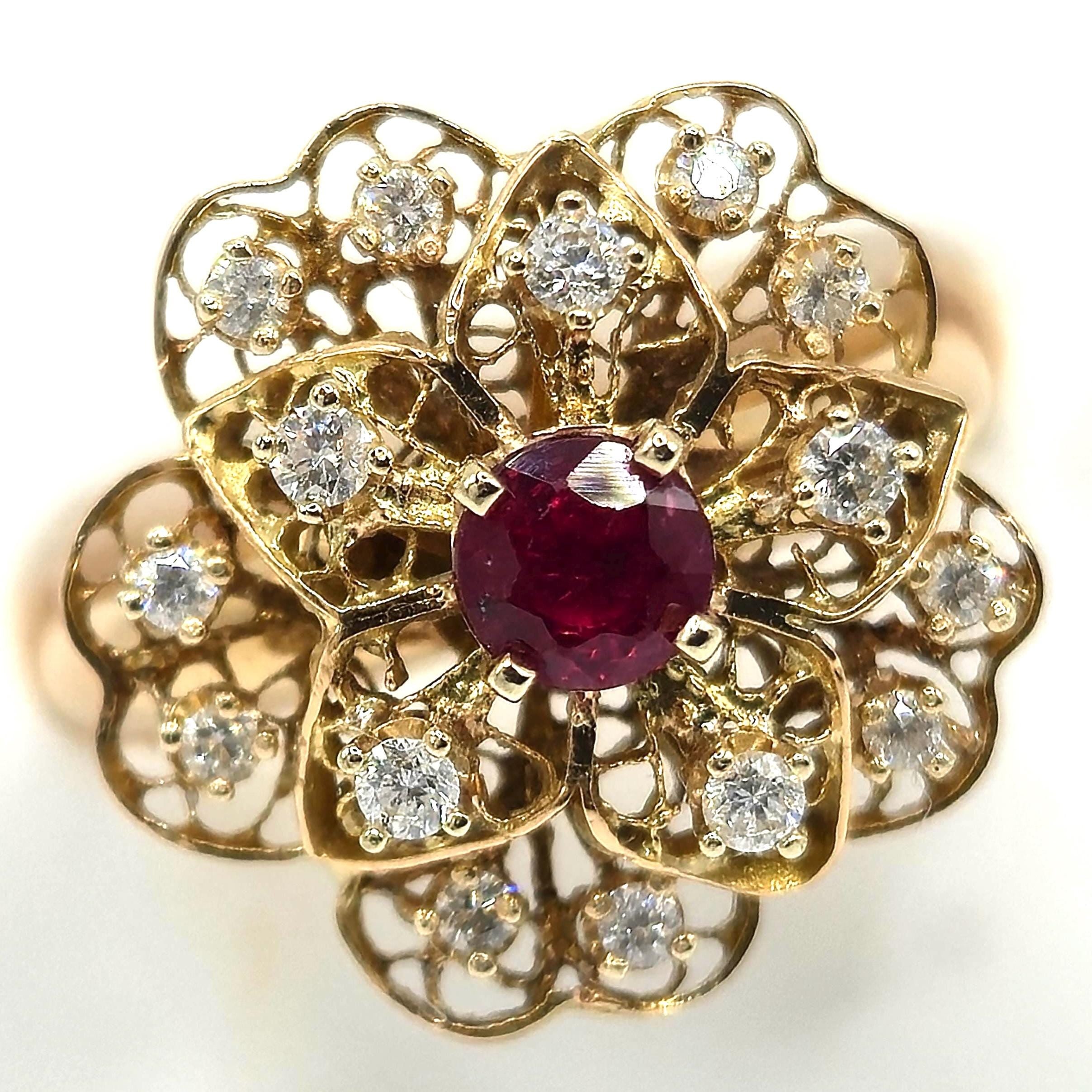 Silver Queen Studio
18K Gold Filigree Flower Ring with Ruby & Diamonds, Size 6.5