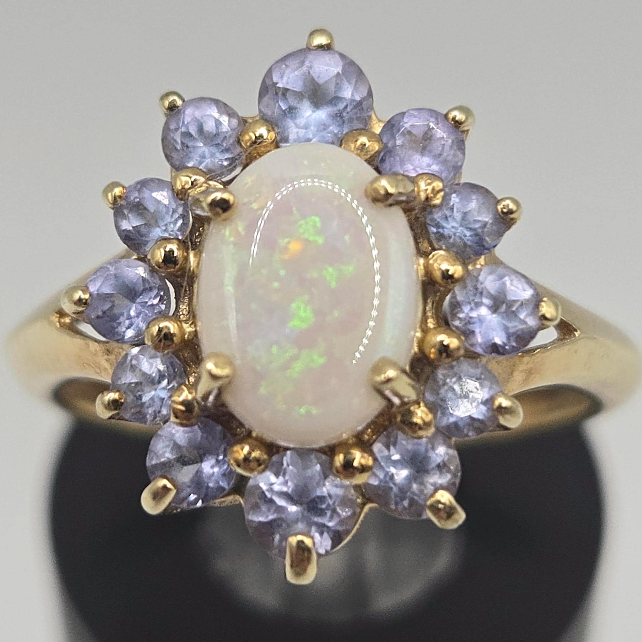 14k Solid Gold Opal and Tanzanite Halo Ring, Vintage Floral Cluster Ring, Size 6, Rare Estate Fine Jewelry