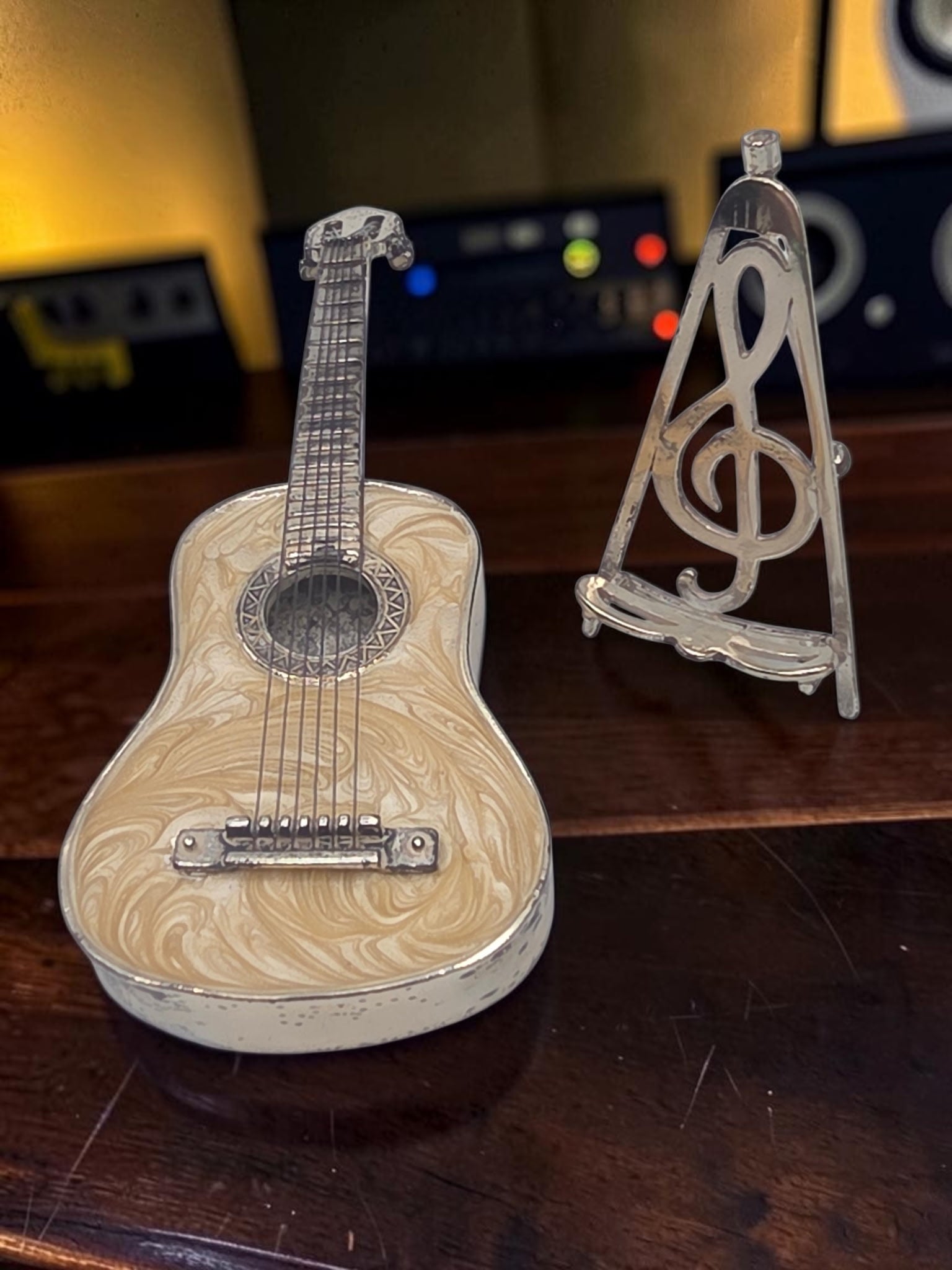Sacchetti Sterling Silver 925 Guitar Figurine with Enamel & Music Stand, Italy