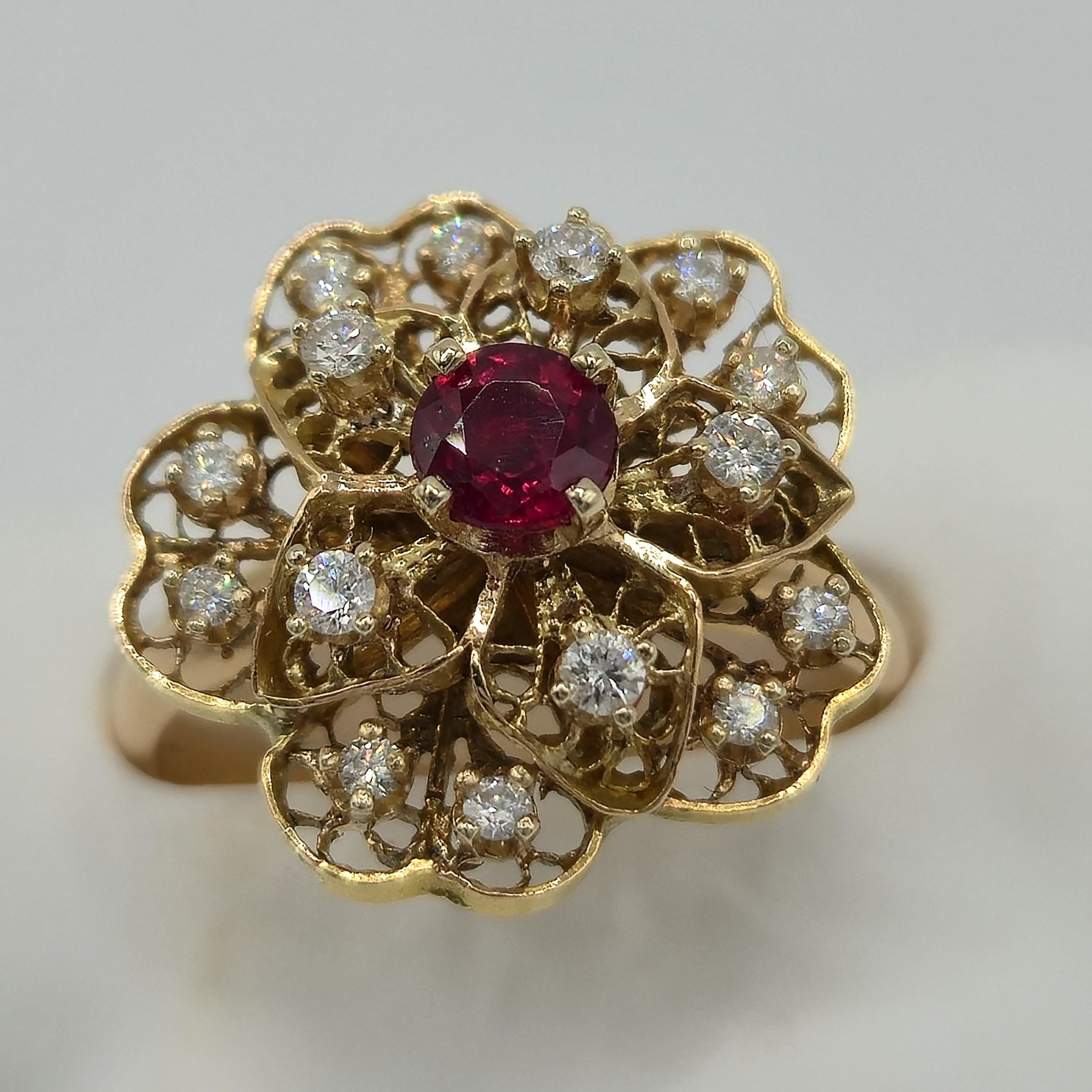 Silver Queen Studio
18K Gold Filigree Flower Ring with Ruby & Diamonds, Size 6.5