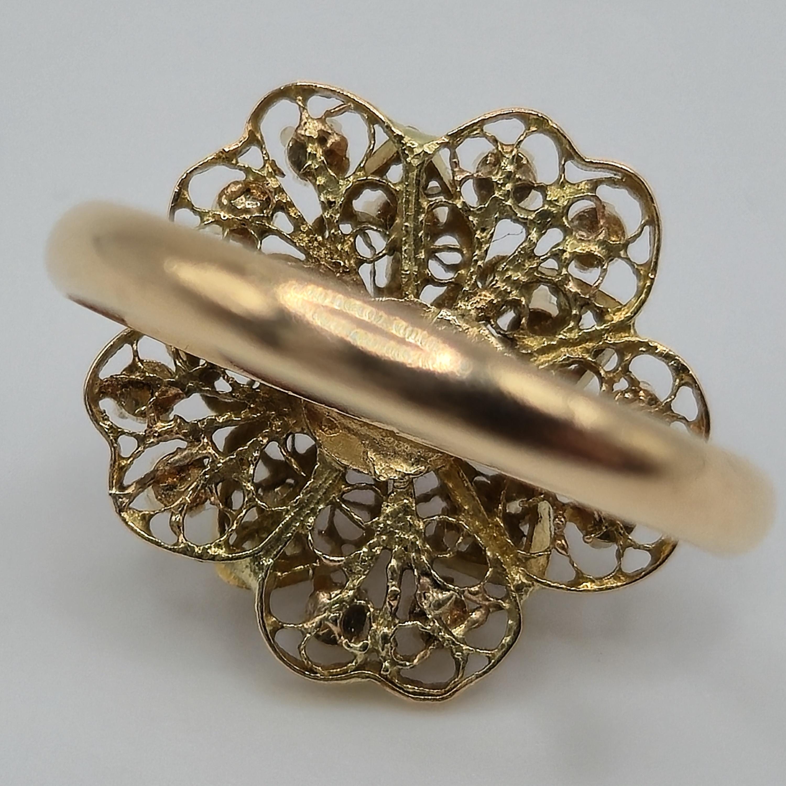 Silver Queen Studio
18K Gold Filigree Flower Ring with Ruby & Diamonds, Size 6.5