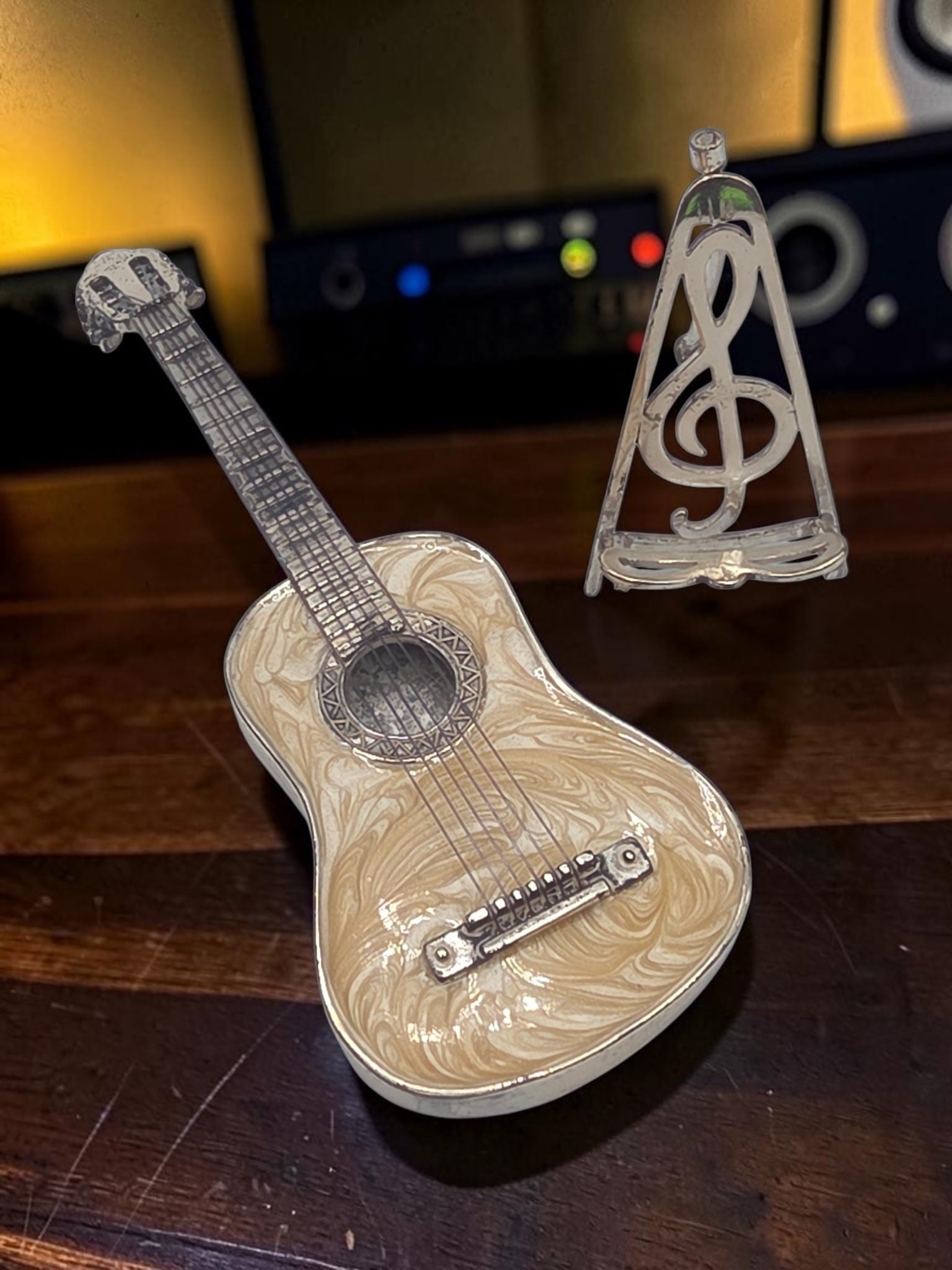 Sacchetti Sterling Silver 925 Guitar Figurine with Enamel & Music Stand, Italy